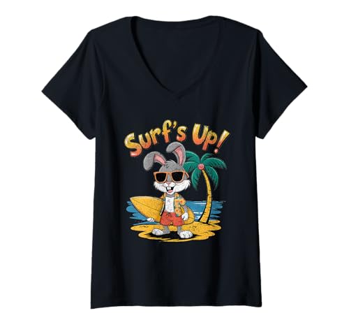 Damen Surfs Up Bunny Rabbit Surfer Surfbrett Sommer Retro Surfen T-Shirt mit V-Ausschnitt Damen Surfs Up Bunny Rabbit Surfer Surfbrett Sommer Retro Surfen T-Shirt mit V-Ausschnitt von Gifts For Surfers