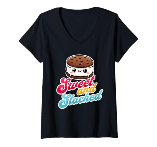 Damen Süßes und gestapeltes lustiges Kawaii-Keks-Eiscreme-Sandwich T-Shirt mit V-Ausschnitt von Gifts For Your Girlfriend And Women