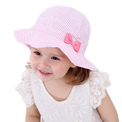 Baby Sonnenhut Mädchen Schirmmütze Kinder Hüte Flapper UV Schutz Caps Faltbarer Eimer Hut Weiche Baumwolle Strand Hüte Hut des Breiten Krempe Fischers rosa vertikal gestreifte Schleife,50 cm/1-2 Jahre von Gifts Treat