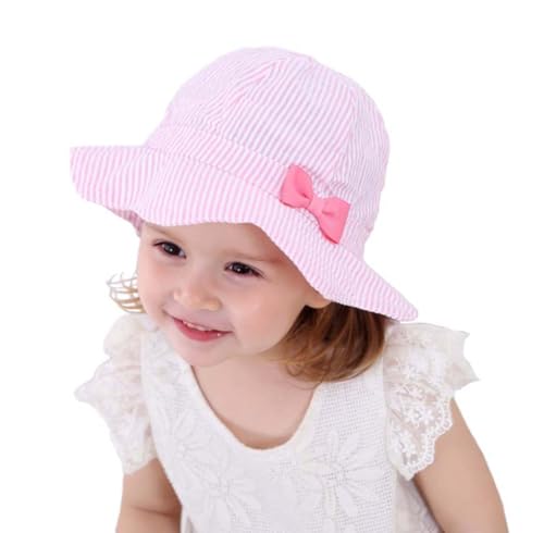 Baby Sonnenhut Mädchen Schirmmütze Kinder Hüte Flapper UV Schutz Caps Faltbarer Eimer Hut Weiche Baumwolle Strand Hüte Hut des Breiten Krempe Fischers rosa vertikal gestreifte Schleife,54 cm/4-6 Jahre von Gifts Treat