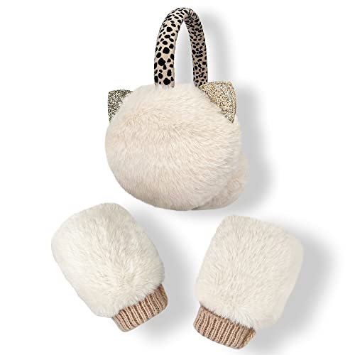 Gifts Treat Leopard Katze Ohrenschützer und Fäustlinge Set für Mädchen Kinder Winter Warme Ohrenschützer und Handschuhe in niedlichem Tierdesign, Leopard Cat, 3-6Y von Gifts Treat