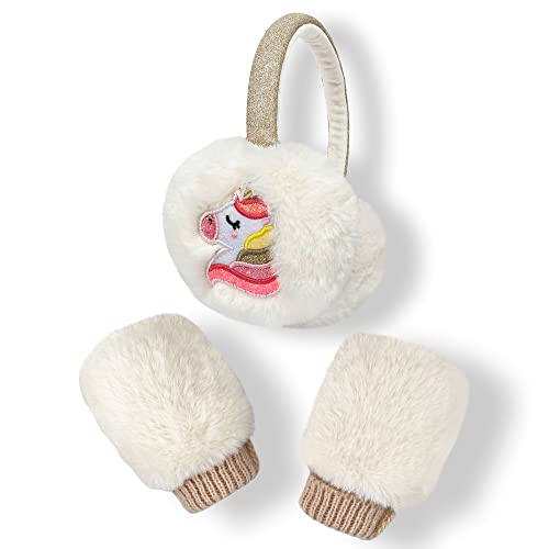 Gifts Treat Mädchen Regenbogen Einhorn Ohrenschützer und Fäustlinge Set Kinder Winter Warm Ohrenschützer und Handschuhe Set in Stickerei Design, Regenbogen Einhorn, 3-6Y von Gifts Treat