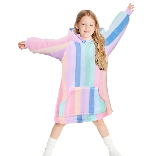 Mädchen Kapuzenpullover Kinder Hoodie Sherpa Sweatshirt Decke Plüsch Kapuze Weiche Warme Kuscheliger Pullover für Kinder Teenager Studenten Giant Warm, Bunt gestreift,5-7 Jahre von Gifts Treat