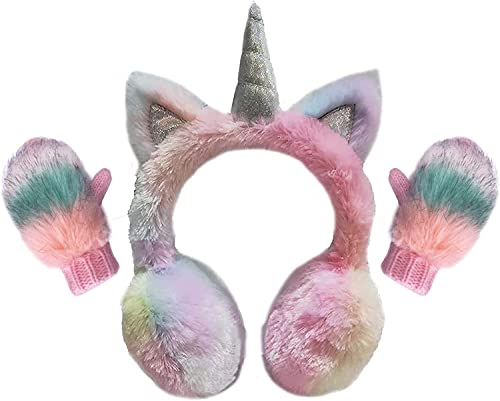 Mädchen Ohrenschützer und Fäustlinge Set Mädchen Ohrenschützer und Strickhandschuhe Set im Plüsch Design, Farbe Einhorn 2, 7-14 Jahre von Gifts Treat