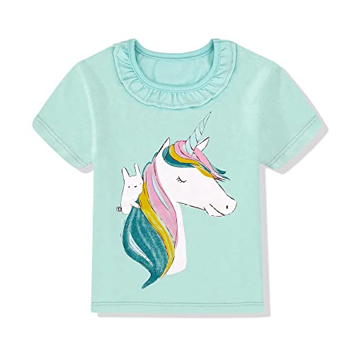 Mädchen T Shirt Kinder Shirt Baumwoll Tops Einhorn Kurzärm Mädchen Sommer Tops Stickerei Design mit Aufdruck und Farbe im Shirt,Blau 4-5 Jahre von Gifts Treat