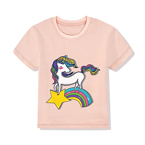 Mädchen T Shirt Kinder Shirt Baumwoll Tops Einhorn Kurzärm Mädchen Sommer Tops Stickerei Design mit Aufdruck und Farbe im Shirt,Orange 4-5 Jahre von Gifts Treat