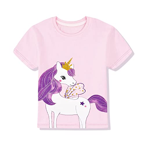 Mädchen T Shirt Kinder Shirt Baumwoll Tops Einhorn Kurzärm Mädchen Sommer Tops Stickerei Design mit Aufdruck und Farbe im Shirt,Rosa 3-4 Jahre von Gifts Treat