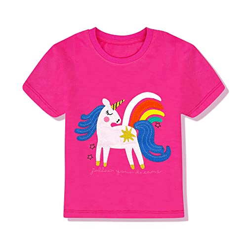 Mädchen T Shirt Kinder Shirt Baumwoll Tops Einhorn Kurzärm Mädchen Sommer Tops Stickerei Design mit Aufdruck und Farbe im Shirt,Rosa 3-4 Jahre von Gifts Treat