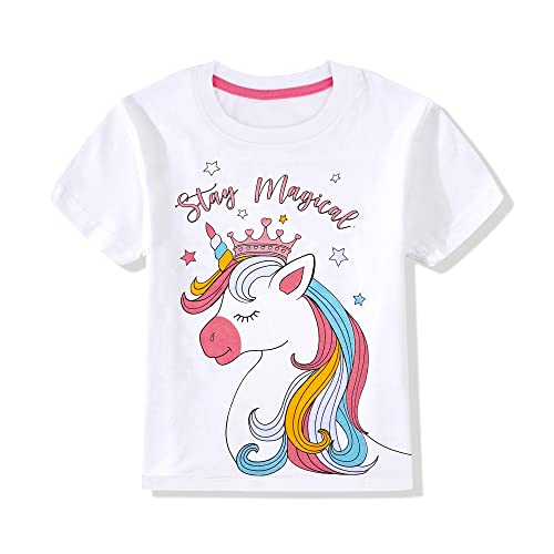 Mädchen T Shirt Kinder Shirt Baumwoll Tops Einhorn Kurzärm Mädchen Sommer Tops Stickerei Design mit Aufdruck und Farbe im Shirt,Weiß 3-4 Jahre von Gifts Treat