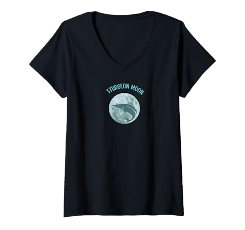 Damen Sturgeon Vollmondkalender August: Tops, T-Shirts & Accessoires T-Shirt mit V-Ausschnitt von Gifts by Aurora Design - Sturgeon Full Moon