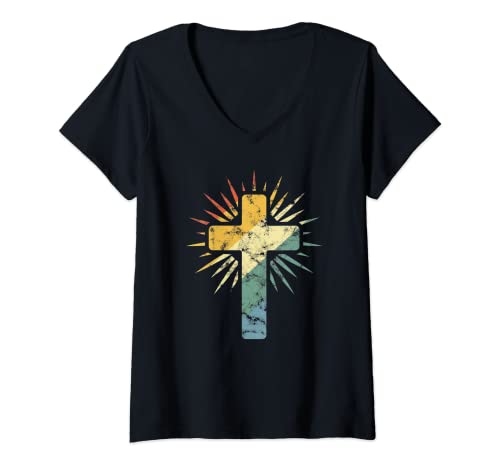 Damen Kreuz Jesus Christus Bibel Christlich Religiöse Kirche Retro T-Shirt mit V-Ausschnitt Damen Kreuz Jesus Christus Bibel Christlich Religiöse Kirche Retro T-Shirt mit V-Ausschnitt von Gifts for Faithful Christians Co.