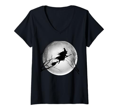 Damen Hexe Vollmond Halloween Kostüm Hexe Frauen Teenager Mädchen T-Shirt mit V-Ausschnitt von Gifts for Her Co.