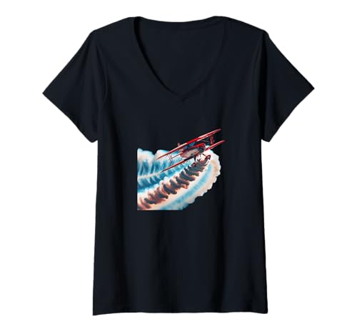 Damen Rotes Retro Flugzeug Pilot Kleine Maschine Doppel Decker T-Shirt mit V-Ausschnitt Damen Rotes Retro Flugzeug Pilot Kleine Maschine Doppel Decker T-Shirt mit V-Ausschnitt von Gifts for Pilots for Birthday