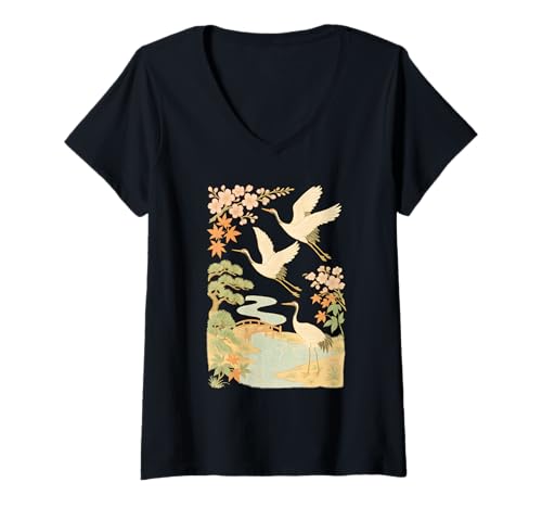 Damen Anmutige japanische Kraniche mit Blüten und Fluss traditionell T-Shirt mit V-Ausschnitt von Gifts of Japan