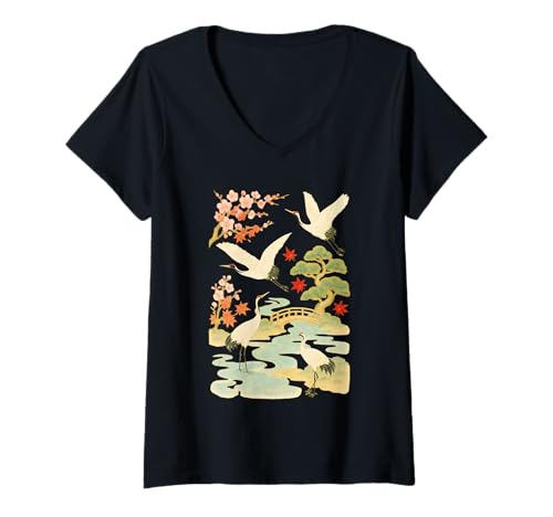 Damen Eleganter japanischer Kranich und Kirschblüte. Traditionelle Natur T-Shirt mit V-Ausschnitt von Gifts of Japan