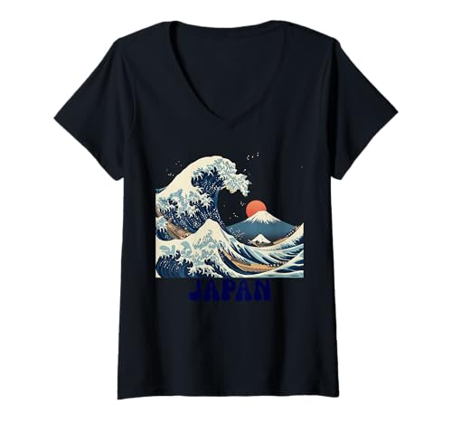 Damen Große Welle vor der japanischen Meereswelle von Kanagawa mit Mount Fuji T-Shirt mit V-Ausschnitt von Gifts of Japan