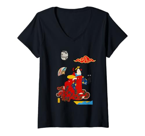 Damen Japanische Geisha im roten Kimono mit Fächer und Laterne T-Shirt mit V-Ausschnitt von Gifts of Japan