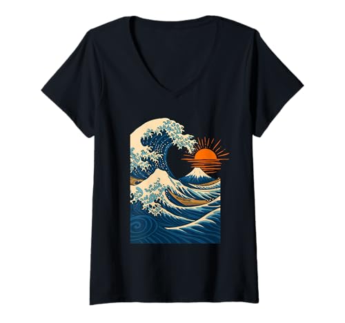 Damen Japanische Ozeanwelle mit Berg und Sonnenaufgang T-Shirt mit V-Ausschnitt von Gifts of Japan