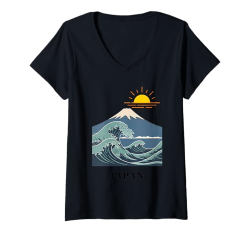 Damen Japanische Welle & Mount Fuji und aufgehende Sonne, traditionelle Natur T-Shirt mit V-Ausschnitt von Gifts of Japan