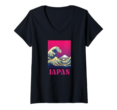 Damen Japanische Wellen und Bergsonnenuntergang, traditionell japanisch inspiriert T-Shirt mit V-Ausschnitt von Gifts of Japan