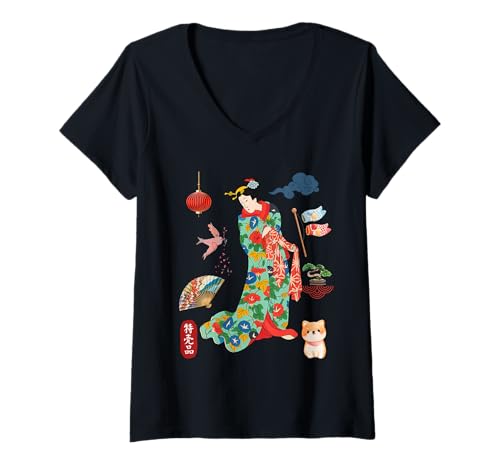 Damen Japanischer Geisha-Kimono, traditionell T-Shirt mit V-Ausschnitt von Gifts of Japan
