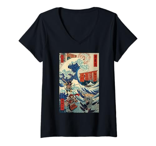 Damen Japanisches Ukiyo-e Katana Bushido der Samurai-Krieger T-Shirt mit V-Ausschnitt von Gifts of Japan