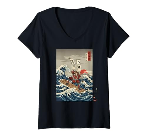 Damen Samurai-Krieger auf den Wellen, japanischer Ukiyo-e-inspiriert T-Shirt mit V-Ausschnitt von Gifts of Japan