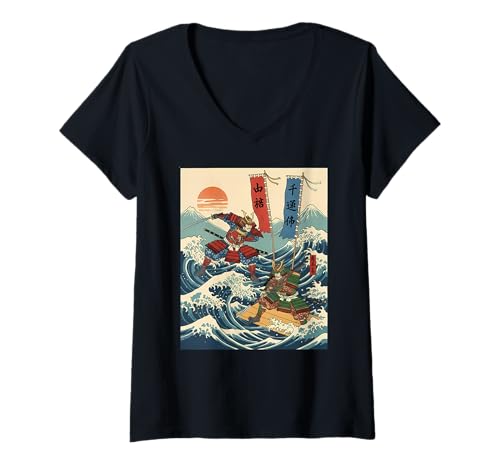 Damen Samurai-Krieger im Battle Japanische Welle im Ukiyo-e-Stil T-Shirt mit V-Ausschnitt von Gifts of Japan