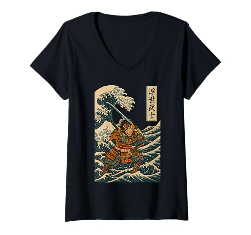 Damen Samurai Warrior Ukiyo-e Art Japanische Welle Bushido Katana T-Shirt mit V-Ausschnitt von Gifts of Japan