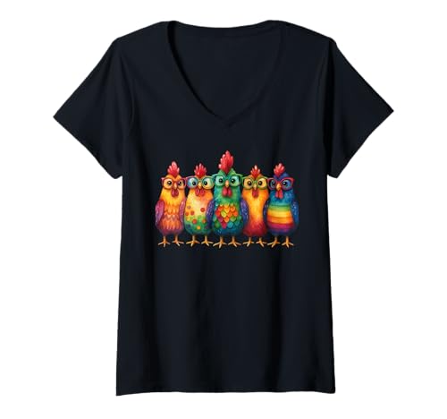 Damen Bunte lustige Hühner mit Brille. Regenbogen-Farm-Tierkunst T-Shirt mit V-Ausschnitt von Gifts & Beads
