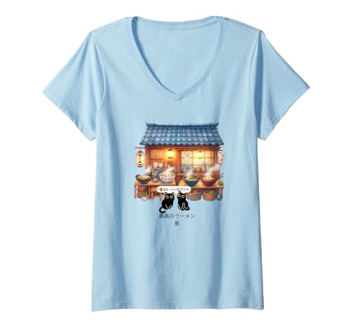 Damen Kawaii Ramen Shop Japanische Anime Schwarze Katzen Nudel Japan T-Shirt mit V-Ausschnitt von Gifts & Beads