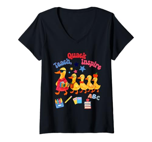 Damen Teach Quack Inspire Lustiges Geschenk für Lehrer T-Shirt mit V-Ausschnitt von Gifts & Beads