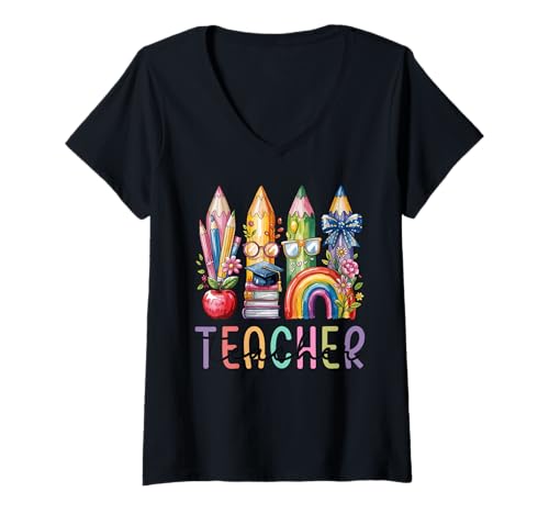 Damen Regenbogen-Bleistift für Lehrer. Niedlicher Schulanfang T-Shirt mit V-Ausschnitt Damen Regenbogen-Bleistift für Lehrer. Niedlicher Schulanfang T-Shirt mit V-Ausschnitt von Gifts & Kids