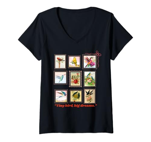 Damen Tiny Bird Big Dreams Vintage Bird Stempel T-Shirt mit V-Ausschnitt Damen Tiny Bird Big Dreams Vintage Bird Stempel T-Shirt mit V-Ausschnitt von Gifts & Kids