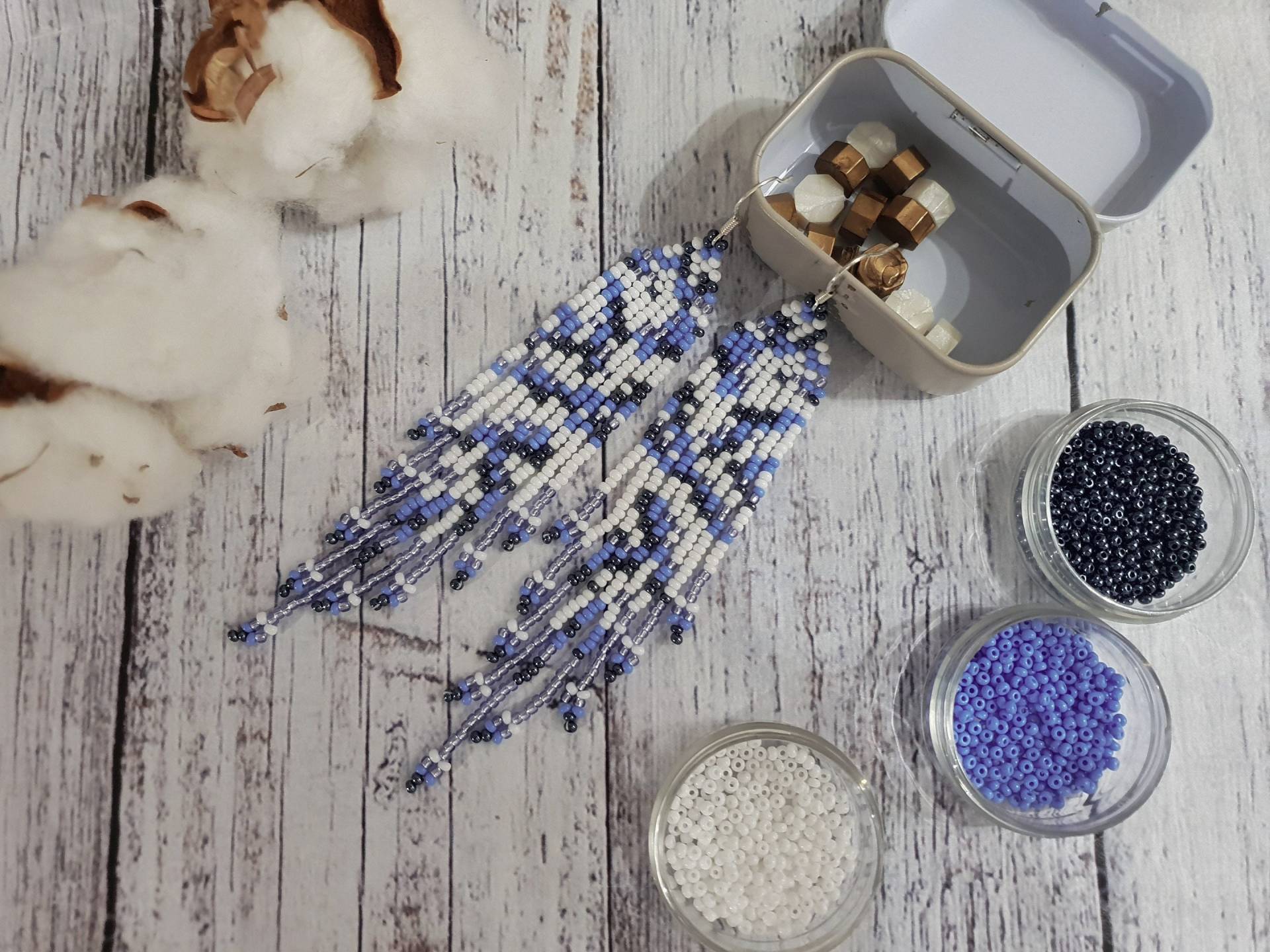 Blaue Marmor Ohrringe, Ombre Lange Perlen Seed Handgemachte Marine Ohrringe Blaue Marmor Ohrringe, Ombre Lange Perlen Seed Handgemachte Marine Ohrringe von GiftsForEmotions
