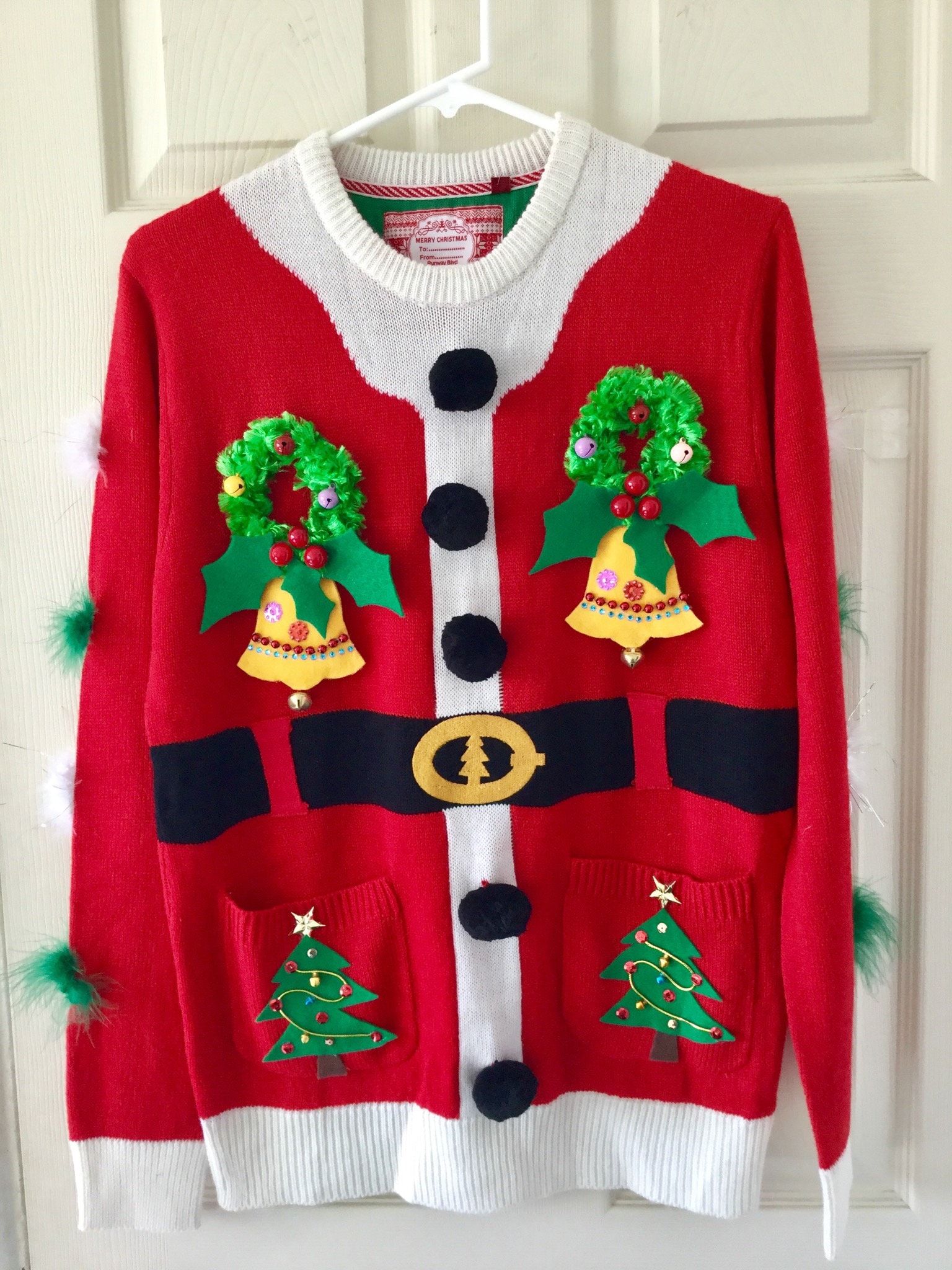 Einzelstück Jingle Bell Ugly Christmas Pullover Roter Strickstoff Acryl, Grösse M von GiftycraftyArt