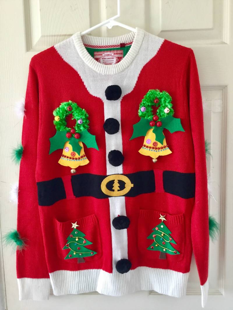 Einzelstück Jingle Bell Ugly Christmas Pullover Roter Strickstoff Acryl, Grösse M von GiftycraftyArt