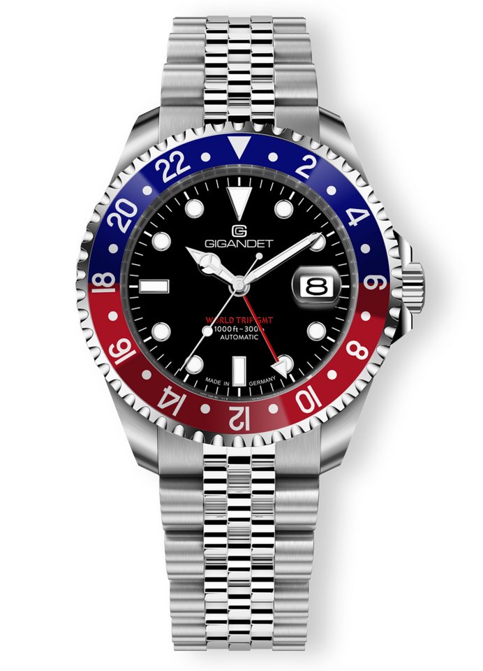 Gigandet Automatikuhr Made in Germany, Saphirglas, WORLD TRIP GMT - G1000-002M, GMT, 2-farbige Lünette, Datumsanzeige, verschraubtes Band von Gigandet