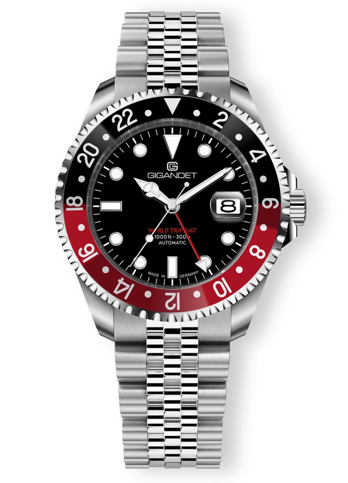Gigandet Automatikuhr Made in Germany, Saphirglas, WORLD TRIP GMT - G1000-003M, 2-farbige Lünette, Swiss SuperLuminova, verschraubtes Band von Gigandet