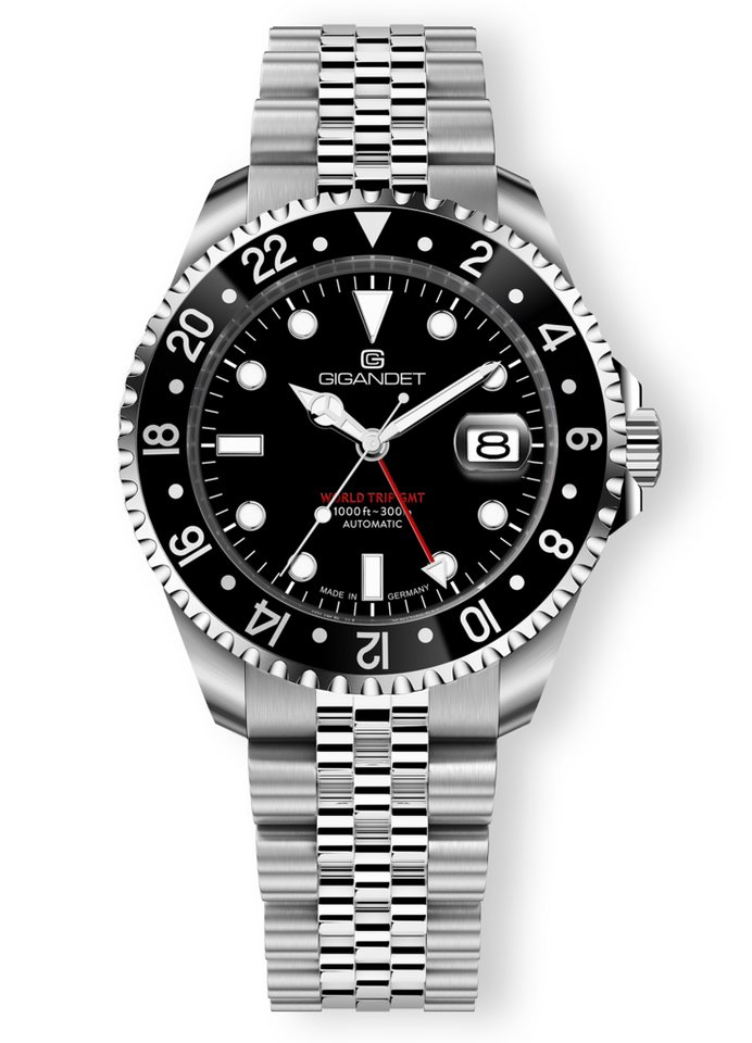 Gigandet Automatikuhr Made in Germany, Saphirglas, WORLD TRIP GMT - G1000-001M, GMT, Swiss SuperLuminova, verschraubtes Band von Gigandet