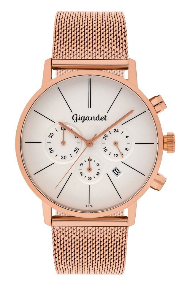 Gigandet Chronograph MINIMALISM Armbanduhr Uhr Damenuhr Herrenuhr Unisex weiß rotgold G32-007, Mesharmband, Edelstahlgehäuse, 3ATM wasserdicht, Modell G32-007 von Gigandet