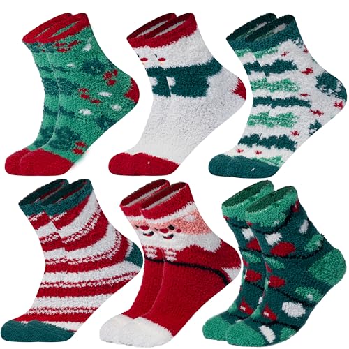 Giggling Getup Kuschelsocken Damen Weihnachtssocken Winter Warme Flauschige Socken Dicke Weiche Thermo Haussocken Bettsocken Xmas Socken Rot Grün Weiß 36-42 von Giggling Getup