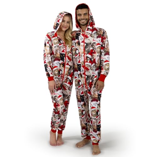 Giggling Getup Damen-Pyjama mit süßem Katzenmuster, Weihnachts-Kapuzenpyjama, Weihnachts-Pyjama-Outfits für Erwachsene mit Taschen, Reißverschluss-M von Giggling Getup