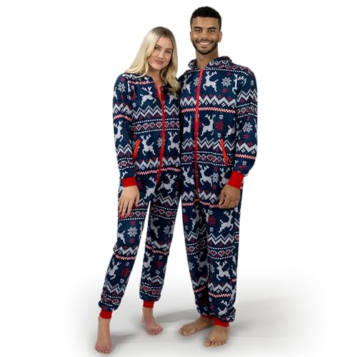 Giggling Getup Erwachsene Weihnachtsfadenpyjama, Männer losen Weihnachts -Pyjama, nordische Druckmuster Urlaubs -Overalls Blau (XL) von Giggling Getup
