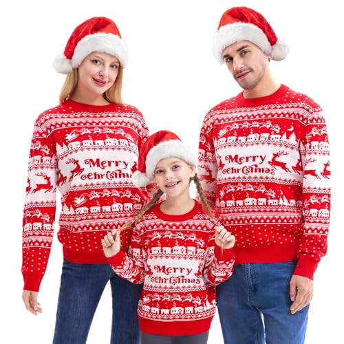 Giggling Getup Familien-passender Weihnachtspullover, süßer Weihnachts-Langarm-Strickpullover, roter hässlicher Weihnachtspullover für Kinder-Medium (8-10 Jahre) von Giggling Getup
