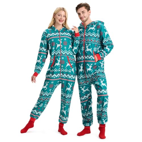Giggling Getup Grüner Weihnachtspyjama für Erwachsene und Herren mit Kapuze, Weihnachtspyjama mit Lockerem nordischem Druckmuster für Urlaubspyjamas, Jumpsuits-XL von Giggling Getup