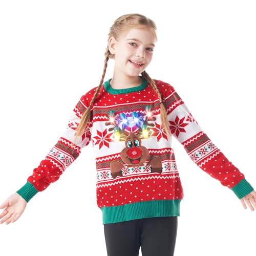 Giggling Getup Hässlicher Weihnachtspullover für Kinder, LED-beleuchteter Weihnachts-Rentier-Hässlicher Pullover, Hässlicher Weihnachtspullover für Kinder – Medium (8–10 Jahre), Rot von Giggling Getup