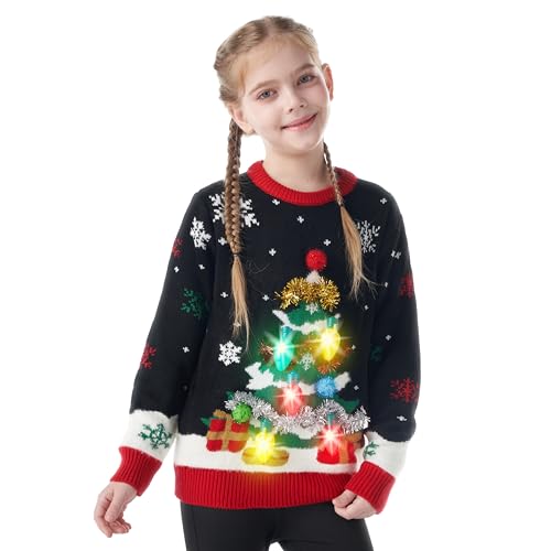 Giggling Getup Hässlicher Weihnachtspullover für Kinder, LED-beleuchteter Weihnachtsbaum. Hässlicher Pullover, hässlicher Weihnachtspullover für Kinder – Medium (8–10 Jahre), Schwarz von Giggling Getup
