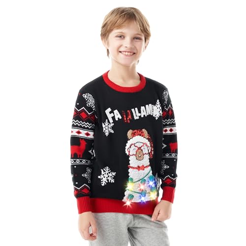 Giggling Getup Hässlicher Weihnachtspullover für Kinder, LED-beleuchteter schwarzer Weihnachts-Alpaka-hässlicher Pullover, hässlicher Weihnachtspullover für Kinder-Medium (8–10 Jahre) von Giggling Getup