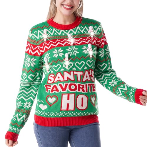 Giggling Getup Hässlicher Weihnachtspullover mit Zuckerstangen-Glühbirnen, leuchtender Weihnachtspullover, langärmeliger, hässlicher Weihnachtsstrickpullover für Damen, Herren-L von Giggling Getup